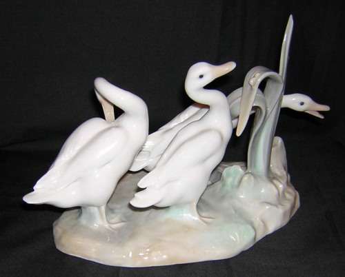Lladro `Geese Group` #4549, Retired, 3 Ducks w/Snail on Reeds